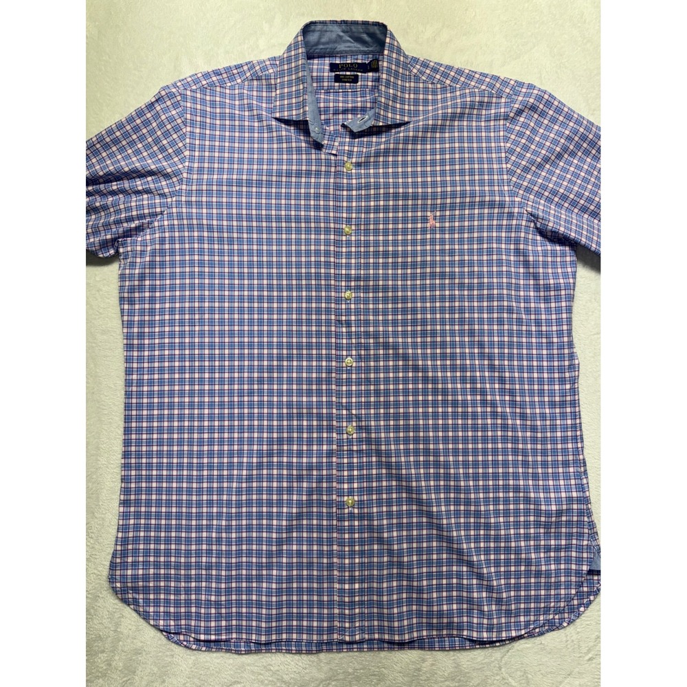 Polo Ralph Lauren Mens Large Blue Pink Plaid Cotton Stretch Button Down Shirt